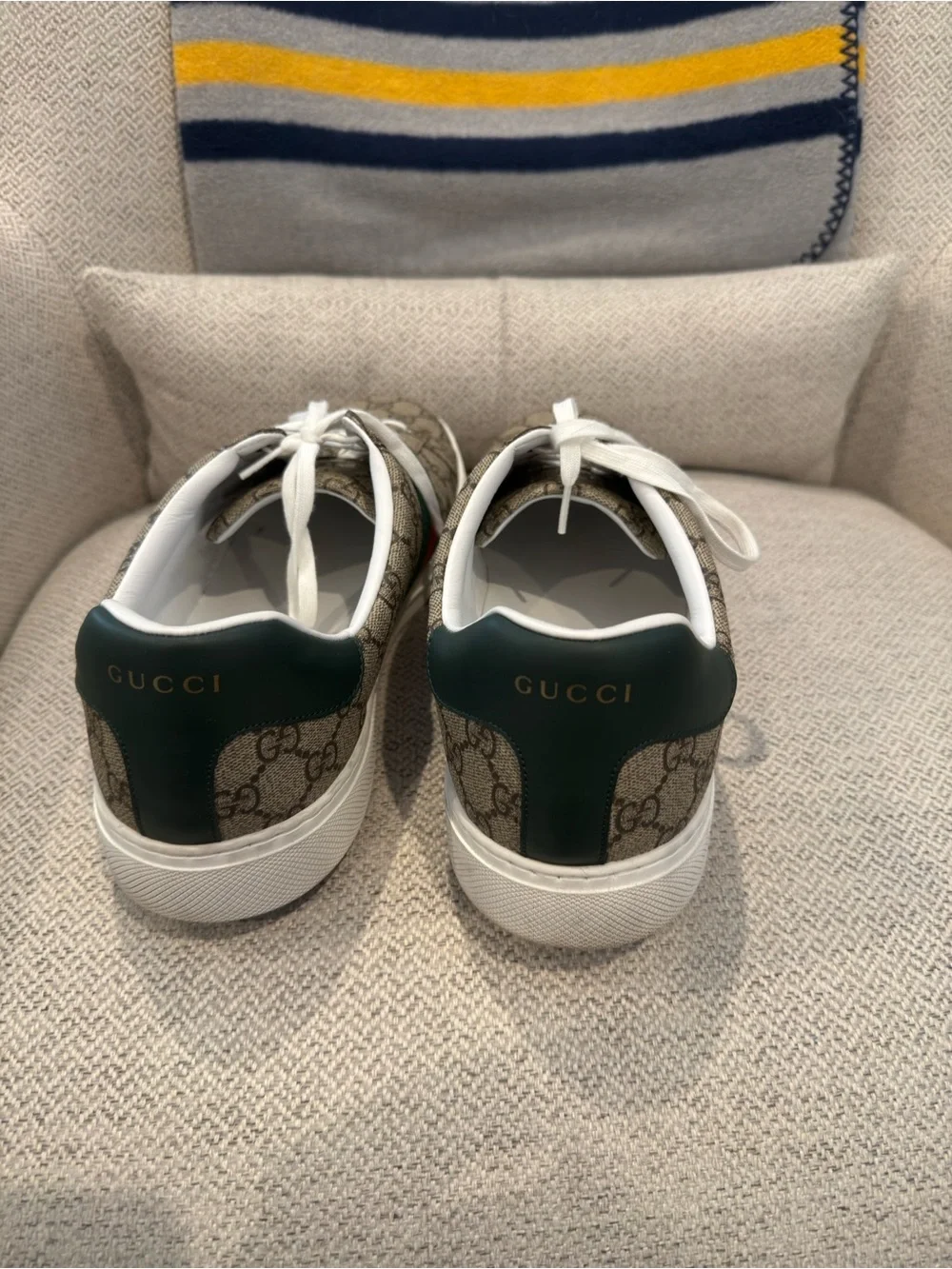 Gucci Beige GG Supreme Ace Sneakers with Green and Red Web